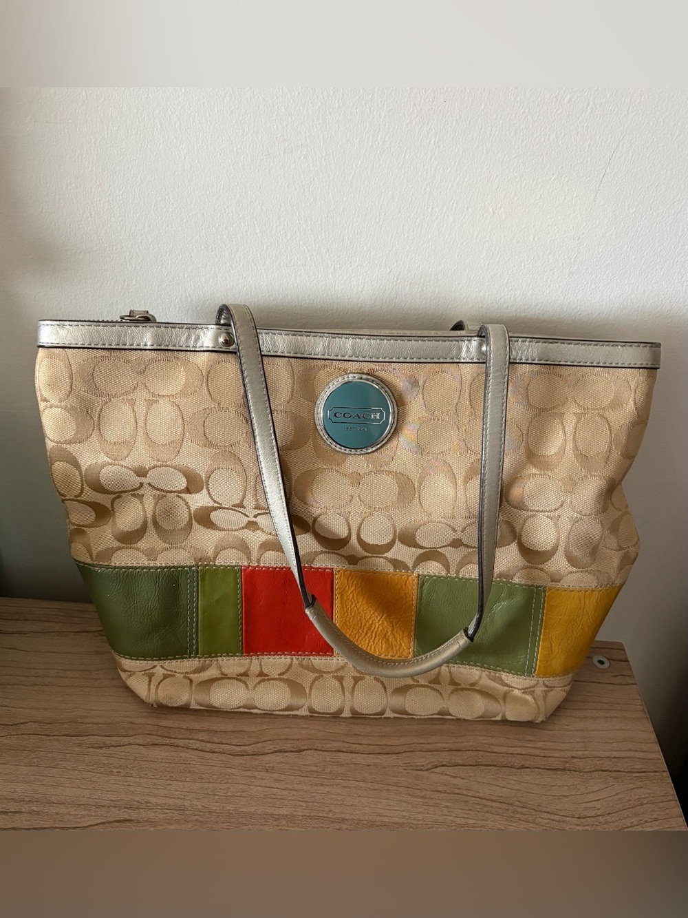 Coach Multicolor Signature Canvas Tote - Beige with Green, Red & Yellow Accents
